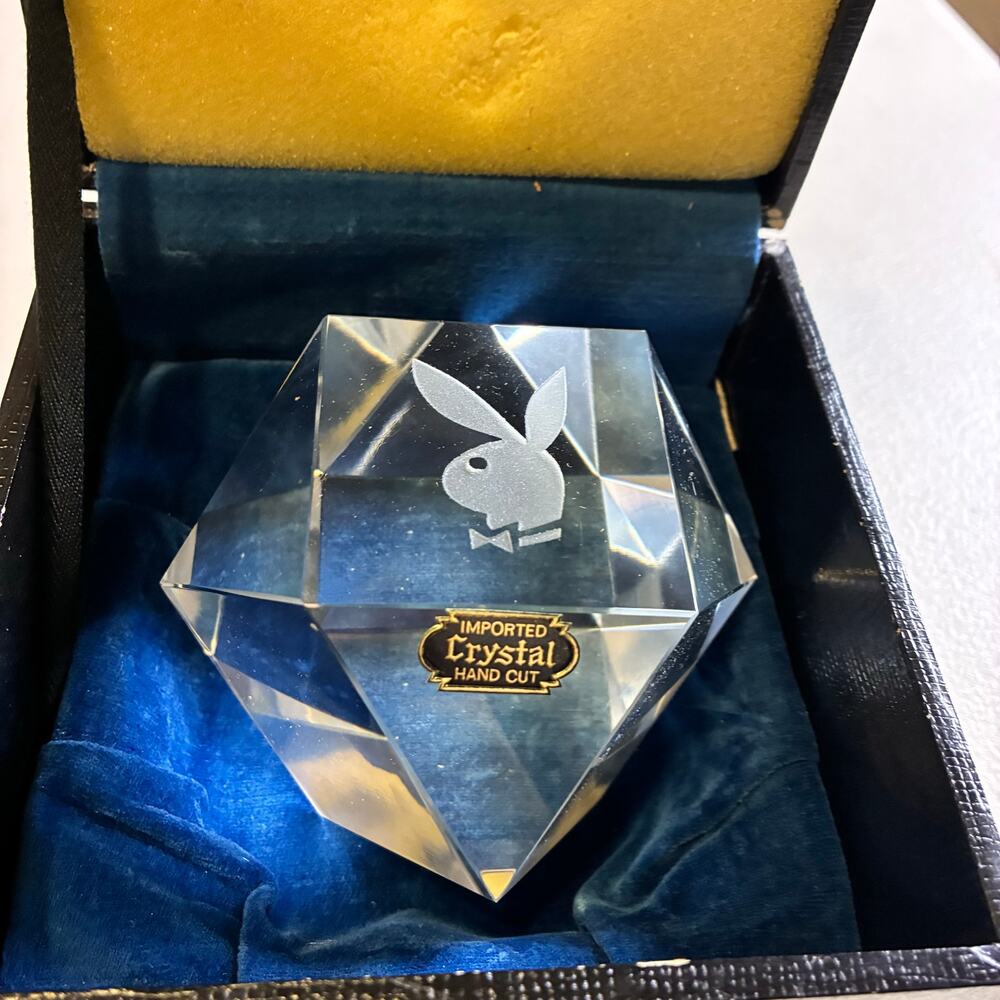 Vintage Playboy Bunny Hand Cut Crystal Diamond Paperweight w/ Original Japan Box